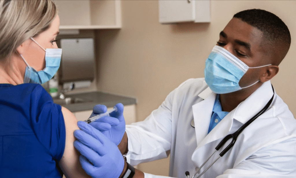 A CVS pharmacist administers the updated COVID vaccine to a patient.
