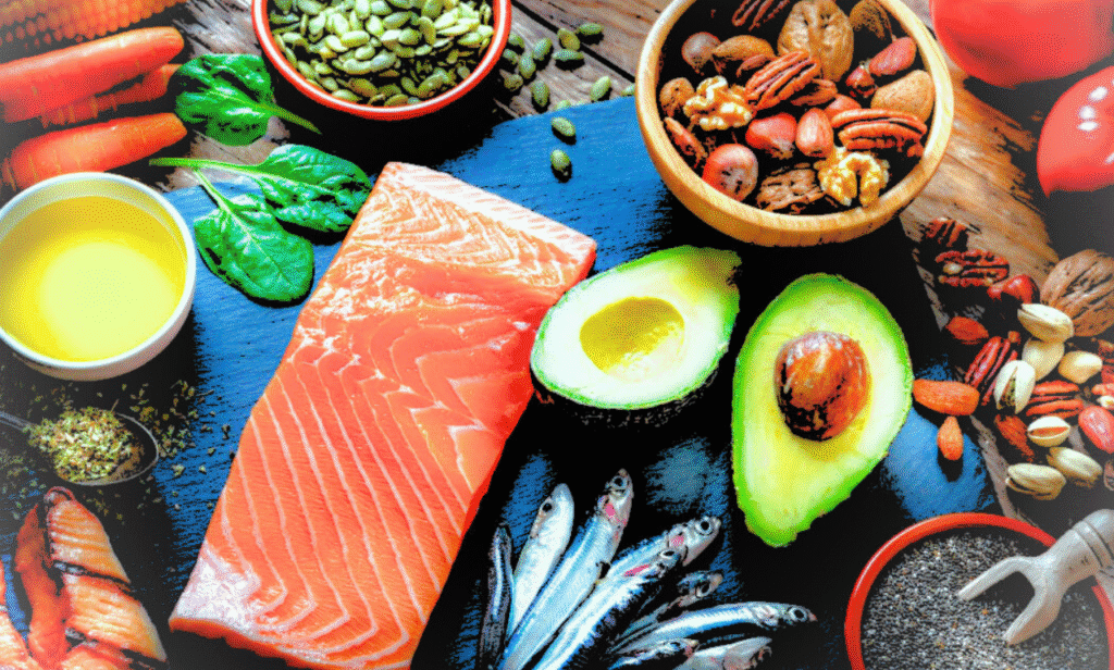 A bowl of oatmeal, avocado, nuts, and salmon for heart health.
