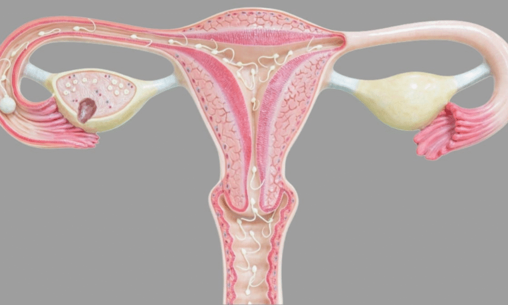 An illustration of the female reproductive system showing ovaries.