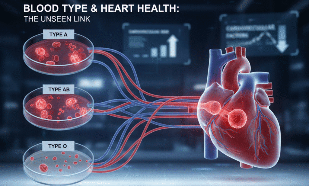 An illustration linking blood type to heart attack risk.